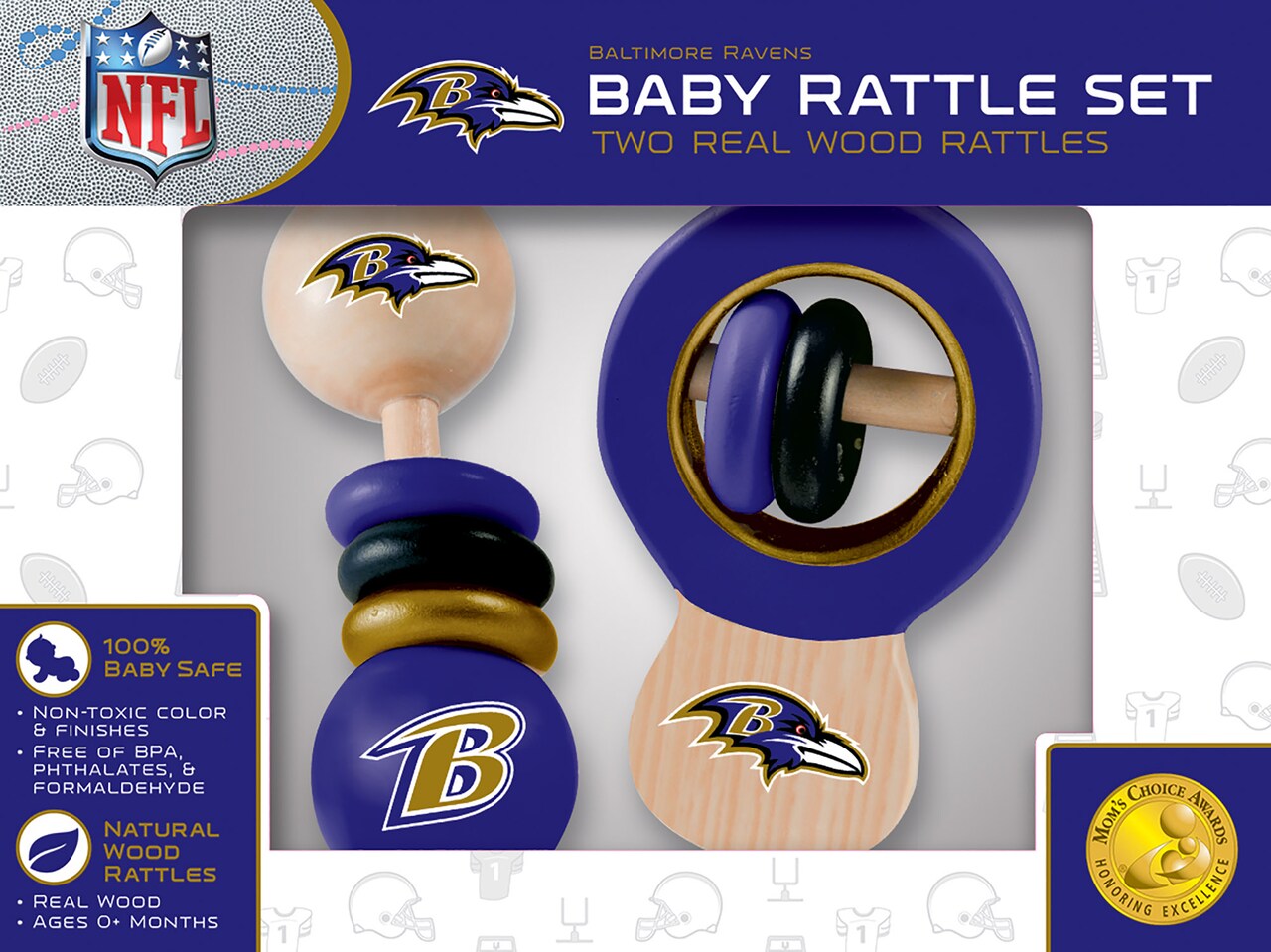 BabyFanatic Wood Rattle 2 Pack - NFL Baltimore Ravens - Officially Licensed Baby Toy Set